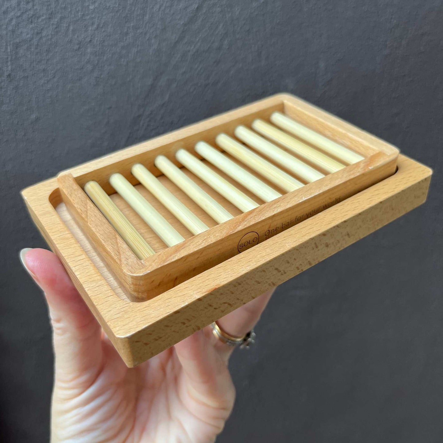 Bamboo tray to carry your Solo Bar into the shower safely